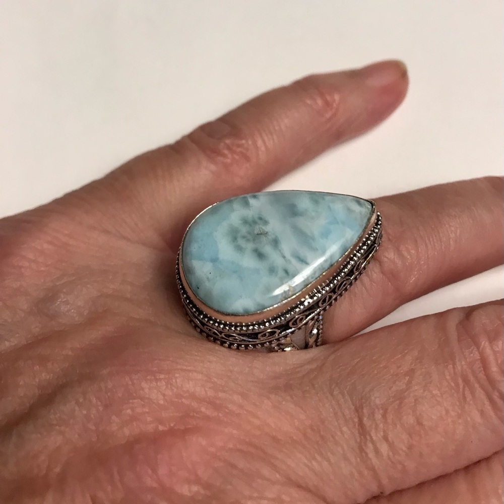 Larimar Stamped 925 Sterling Silver Ring